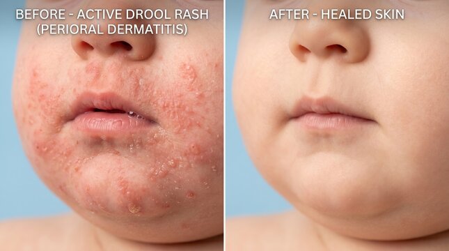 Infant before and after comparison of active drool rash perioral dermatitis and healed skin