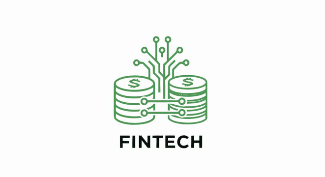 Green fintech line icon representing financial technology digital banking and cryptocurrency database.