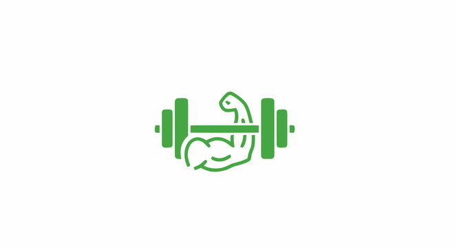 Green fitness icon of a flexing bicep arm holding a heavy barbell for weightlifting and bodybuilding.