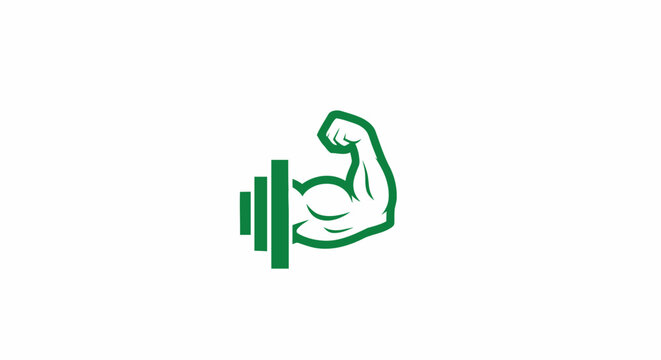 Green fitness icon showing a flexing bicep muscle arm lifting a heavy dumbbell weight.