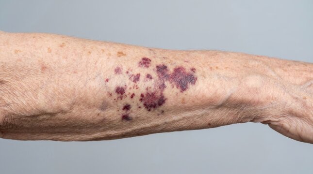 Senile purpura bruising blood spots on wrinkled skin of elderly forearm