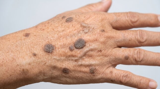 Multiple seborrheic keratosis age spots sun lesions on elderly man hand