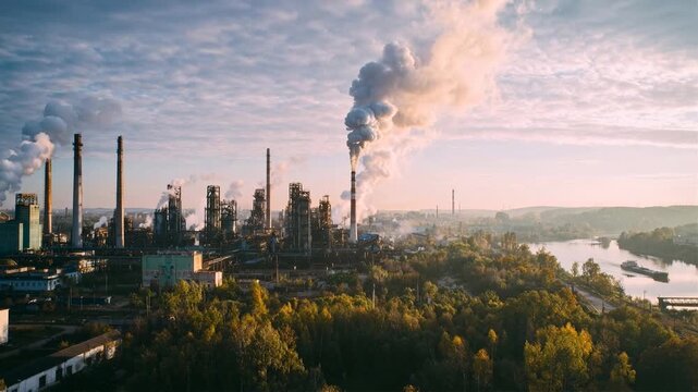 Industrial factory complex emitting smoke against a cloudy sky at sunrise
