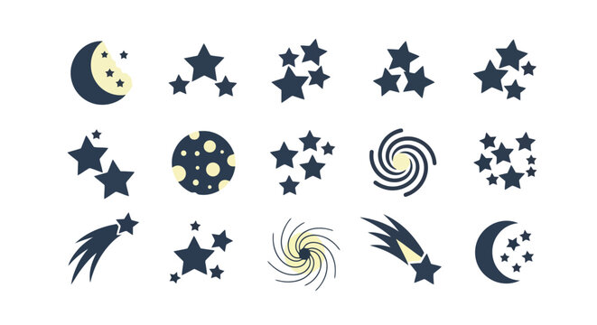 A collection of various celestial and space-themed icons, including moons, stars, galaxies, and shooting stars, presented on a white background.
