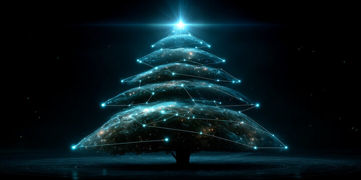 Futuristic digital christmas tree with cosmic elements and glowing connections representing ai and ethics in a modern holiday context
