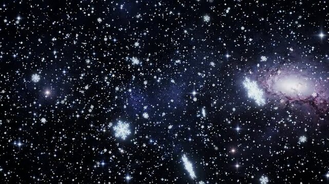 Magical snowflakes falling in deep space galaxy background, winter holiday motion christmas celestial night sky animation png. ai generated