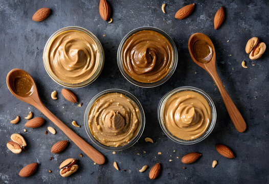 Top view of four jars with different nut butters and wooden spoons