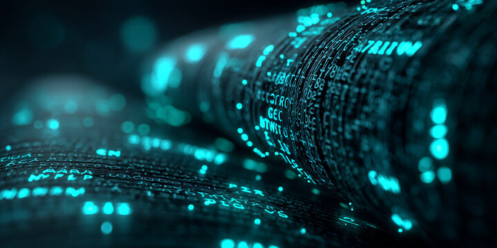 Abstract digital data stream with glowing binary code representing ai technology ethics and regulation concepts in a futuristic setting