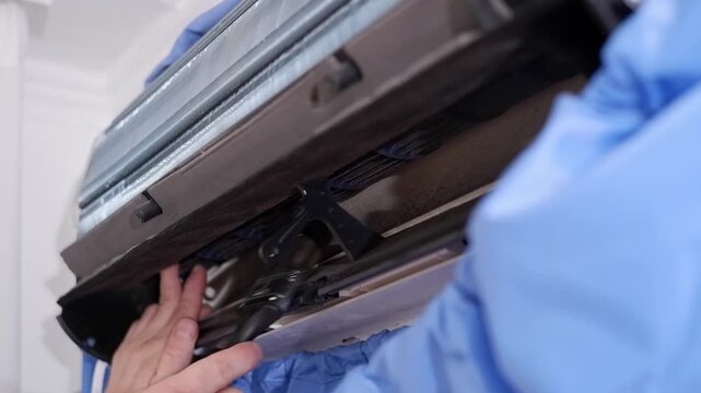 Close-up of a service technician cleaning the fan of a split air conditioning system