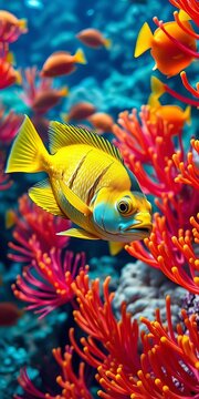 Yellowtail snapper swimming amidst vibrant sea fans, underwater world, yellowtail snapper