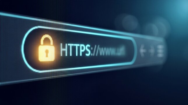 Close up of a web browser address bar featuring a glowing padlock icon and HTTPS protocol to represent internet security and data encryption.
