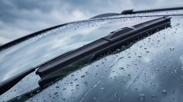 Raindrops cover the surface of a car windshield while a single wiper blade rests against the wet glass under an overcast sky.