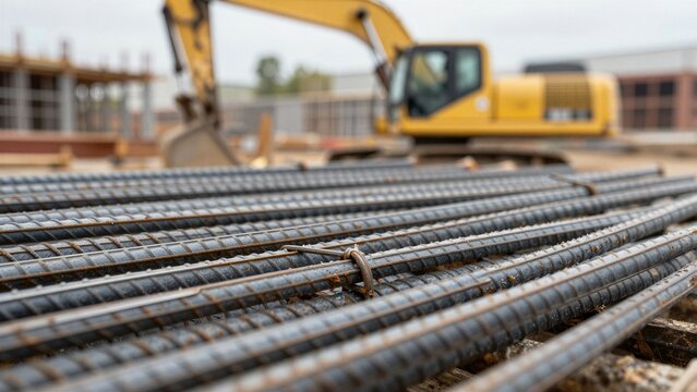 Close-up view of parallel reinforced steel rebars ready for a concrete foundation at a construction site with heavy machinery in the background.