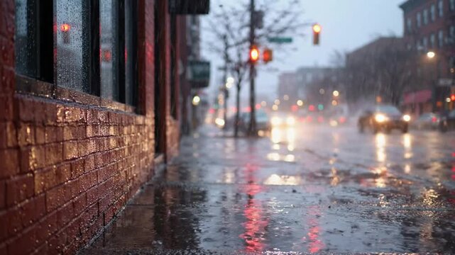 Rainy city street at dusk with bokeh traffic lights and wet brick wall reflection, urban stormy weather atmosphere png. ai generated
