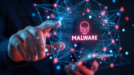 Fototapeta premium Malware Digital Network Showing a Human Hand Interacting with Glowing Data Connections and a Skull Icon