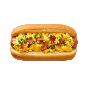 Breakfast hot dog topped with fluffy scrambled eggs and crispy bacon bits for morning brunch menu design gourmet street food isolated