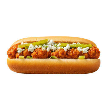 Buffalo style hot dog topped with crispy fried chicken chunks blue cheese crumbled and celery sticks for game day menu, gourmet street food isolated
