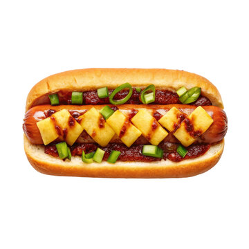 Barbecue hot dog topped with grilled pineapple slices and green onions for tropical summer food promotion, gourmet street food