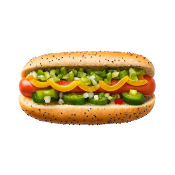 Chicago style hot dog with tomato wedges pickle relish pepperoncini and mustard on poppy seed bun, gourmet street food, isolated