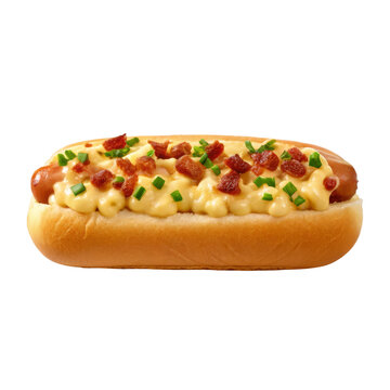 Gourmet hot dog topped with creamy mac and cheese bacon bits and chives for comfort food restaurant menu design street food, isolated