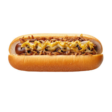 Gourmet hot dog topped with sauteed mushrooms Swiss cheese and mustard drizzle for restaurant, pub menu, design street food, isolated