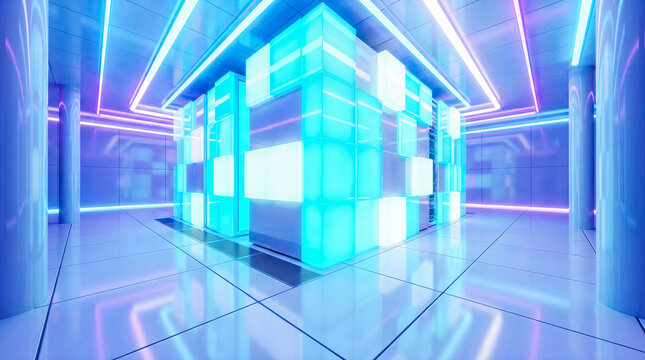 abstract futuristic glowing blue digital server room featuring illuminated floating transparent geometric cubes representing advanced cloud computing data storage network internet technology