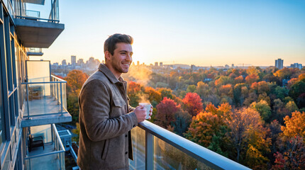 Fototapeta premium Casual young handsome man standing on modern balcony holding coffee cup looking at scenic autumn forest landscape during bright sunrise enjoying peaceful morning