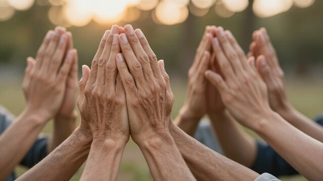 Close-up of diverse hands joined in prayer, symbolizing unity and faith within a supportive community setting.