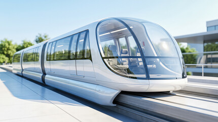 Obraz premium Futuristic high speed modern passenger train driving quickly along elevated railway track through sunny modern city environment representing advanced public transportation system
