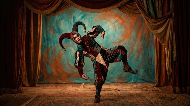 Male jester performer in colorful patched costume and pointed hat striking dynamic pose on small theatrical stage with painted backdrop and velvet curtains, vintage circus or commedia dell'arte mood