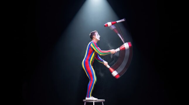 Male circus juggler balancing on stool under spotlight on dark stage, tossing red and white juggling clubs while wearing colorful striped costume, focused performance moment