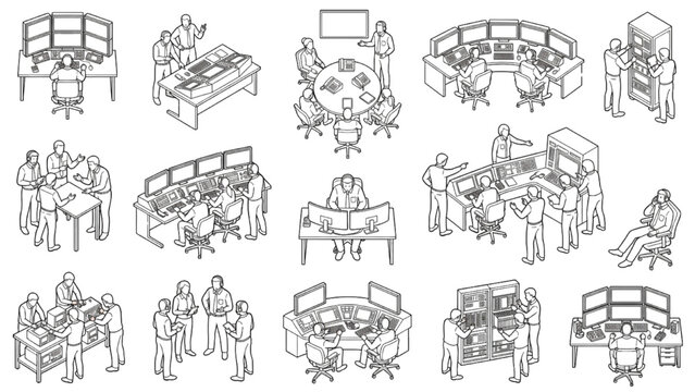 Network Operations Center and Server Monitoring Operators Outline Vector Collection