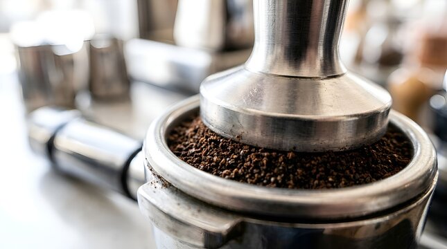 Close-up of coffee grounds being tamped in espresso portafilter with tamper