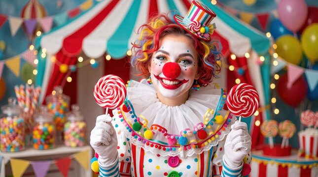 Female clown holding two lollipops in colorful circus tent party setting, smiling and posing with playful festive mood and candy themed backdrop