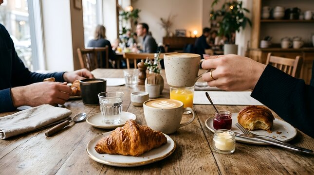 Cozy cafe breakfast with croissants, coffee, and jam, people dining indoors