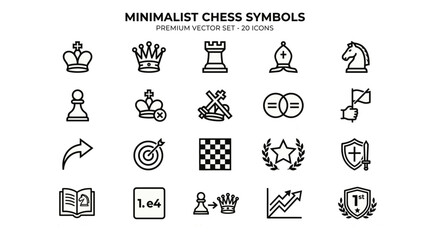 Minimalist chess symbols, premium vector set of 20 icons. Black line art chess pieces and strategy elements. Professional gaming and competition icons. © sidra