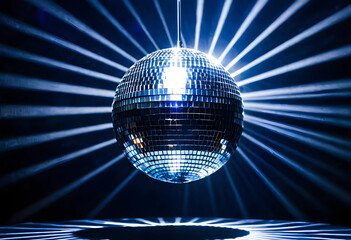 Obraz premium Shiny disco ball with light rays in dark studio