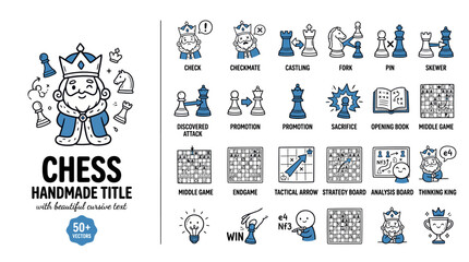 Handmade chess icon set with 50 plus vectors, blue and white strategy game symbols, professional chess tactics and board game elements © sidra