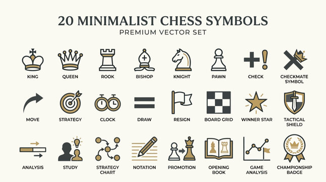 Minimalist chess symbols and icons set, 20 premium vector elements for strategy and gaming, professional chess piece line art collection