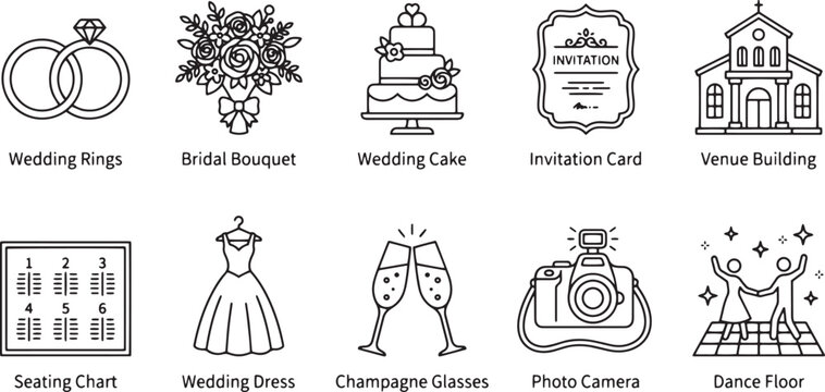 Minimalist wedding line icons set, black and white marriage ceremony vector elements, elegant bridal event planning graphics for invitations