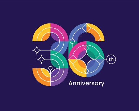 Modern 36th anniversary geometric vector logo with colorful abstract circular elements. Perfect for corporate milestone celebrations, branding, events, posters, banners, and digital or print design.