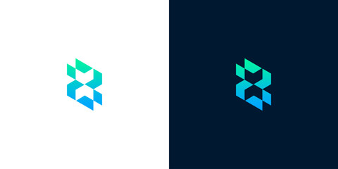 Abstract geometric letter B or number 8 logo template with gradient blue and green isometric blocks on white and dark backgrounds © Eunois