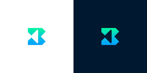 Abstract geometric letter B logo in green and blue gradient on white and dark backgrounds © Eunois