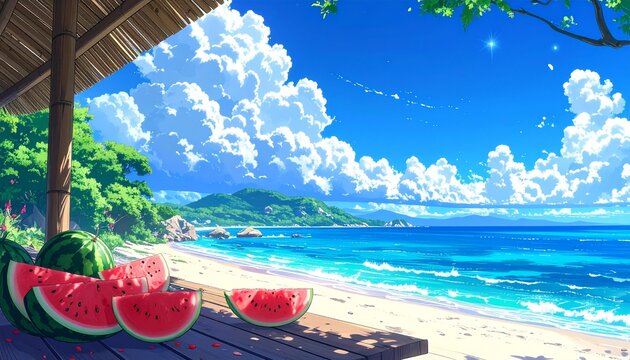 縁側から眺める青い海と入道雲、スイカが彩る日本の夏アニメ風の風景イラスト