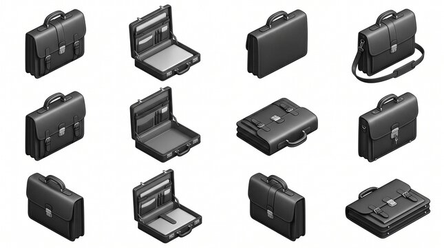 Collection of Black Leather Briefcases and Attache Cases in Various Open and Closed Positions