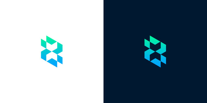 Abstract geometric letter B or number 8 logo template with gradient blue and green isometric blocks on white and dark backgrounds