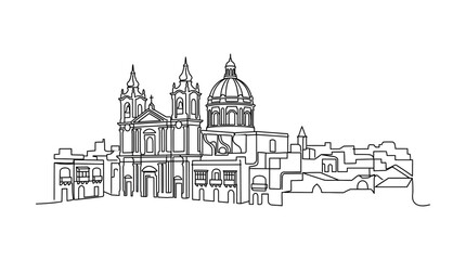 Obraz premium Valletta Skyline Line Art: Famous Church Facade and Buildings