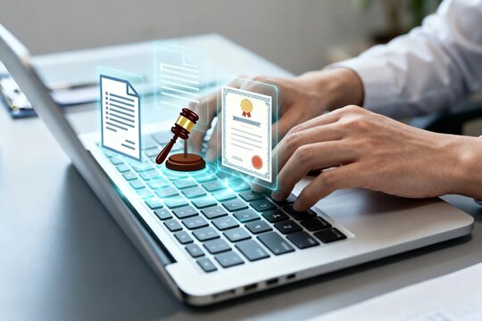 Legal tech: hands typing on laptop with digital gavel and documents