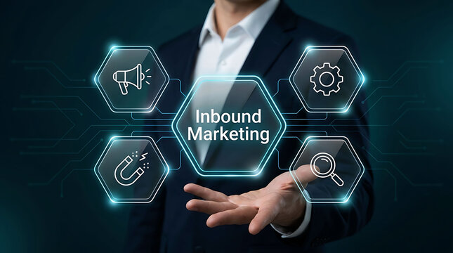 Businessman presenting inbound marketing strategy on virtual futuristic screen
