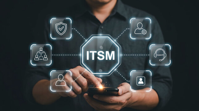 ITSM IT service management concept businessman using smartphone network